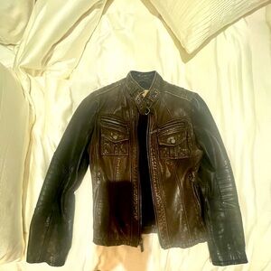 Michael Kora leather moto jacket with buckle detail